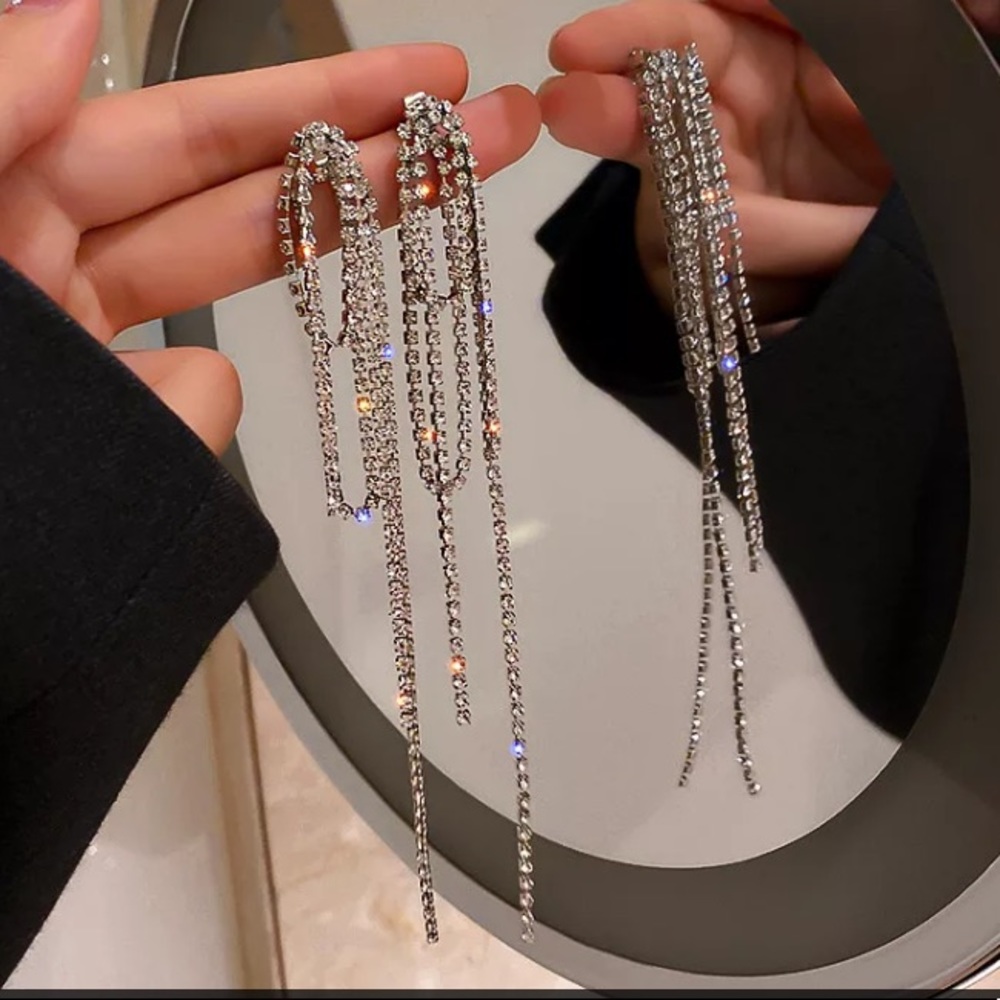 Silver Rhinestone Knot Long Earrings - Picture 3 of 7